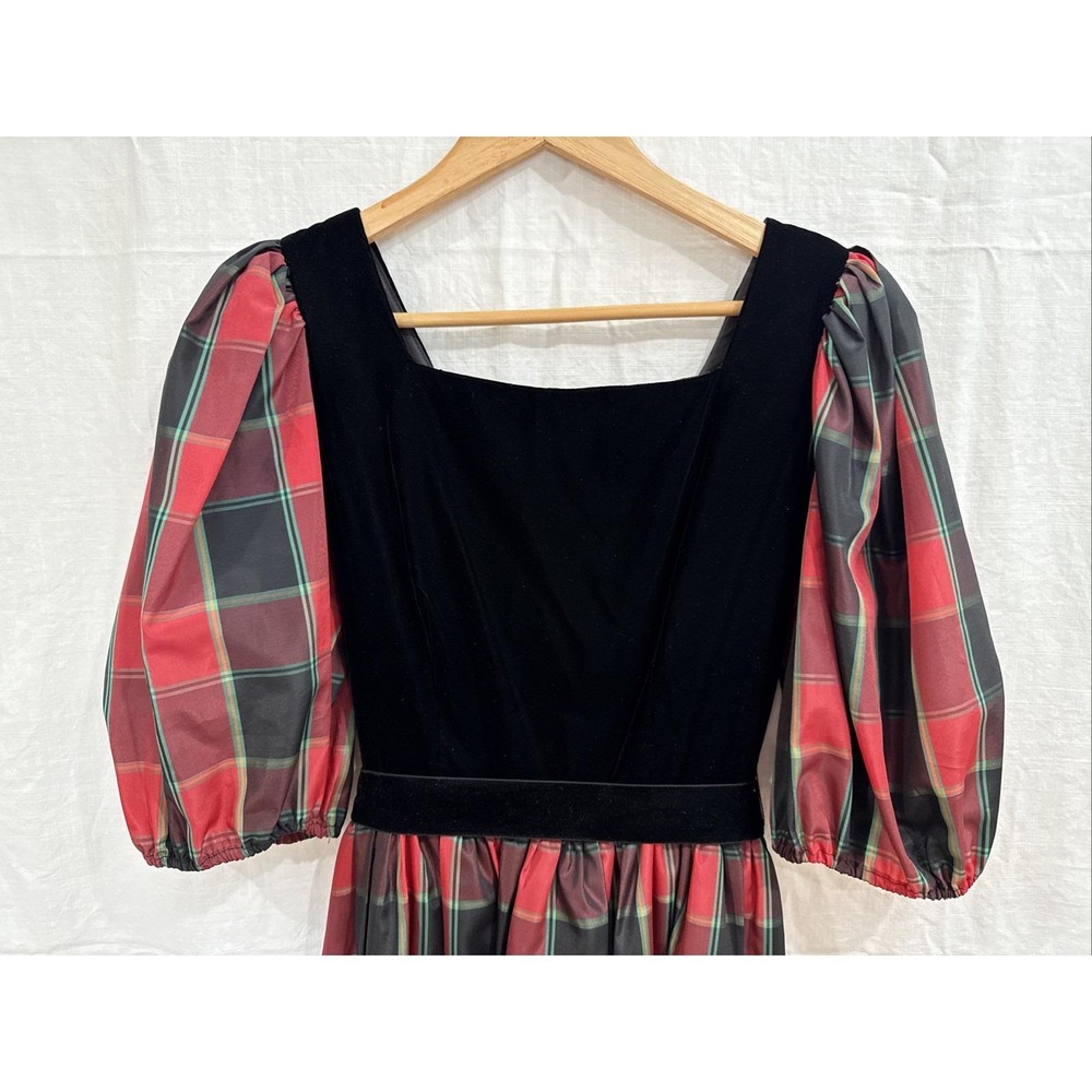 Vtg Holiday Dress Plaid Velvet Taffeta Union Made Modest Formal SZ Small Flaws - Picture 2 of 15